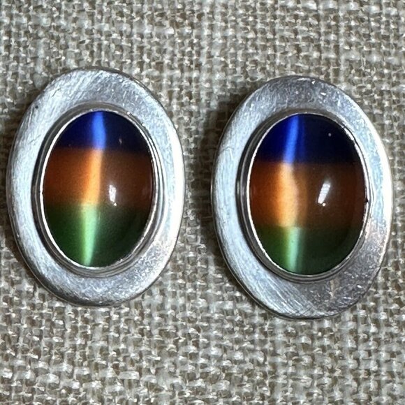 VTG Taxco Mexico Earrings 1" Optic Quartz Multicolor Oval 925 Sterling‎ 18.6g - Picture 1 of 6